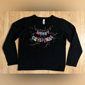 Women's Ugly Christmas Sweater Merry Christmas Black Embroidered, Size Large